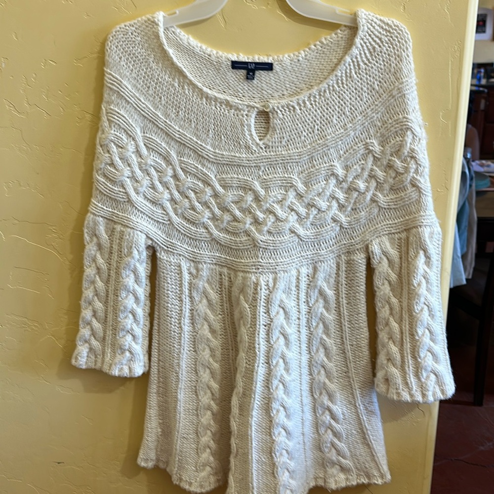 Gap Sweater Women Beige Chunky Cable Knit Wool Blend 3/4 Sleeve Y2K Vintage